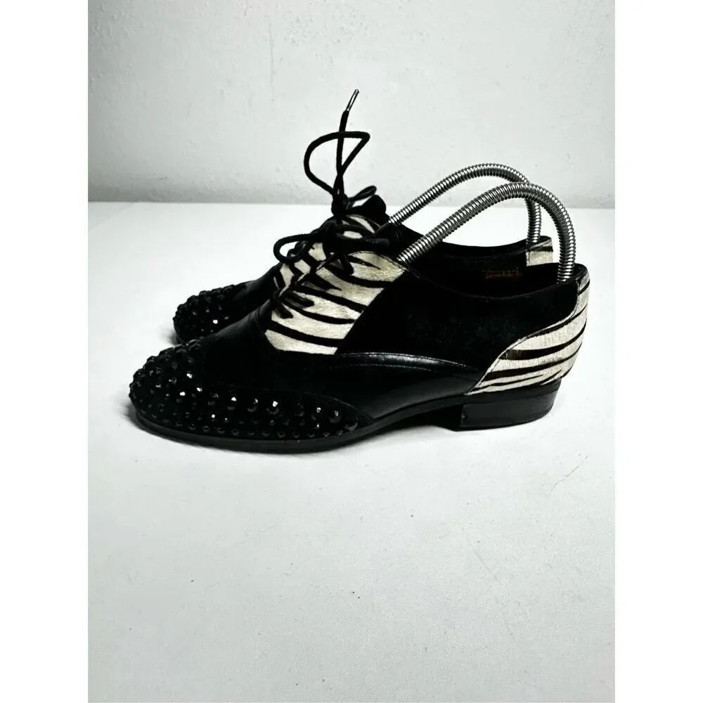 Café Noir Vintage Women Black Stads Zebra Fur Trim Leather Shoes Sz 36EU/5,5 US
